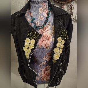 Rare Rising International Floral Embroidered Moto Black Jacket Vintage